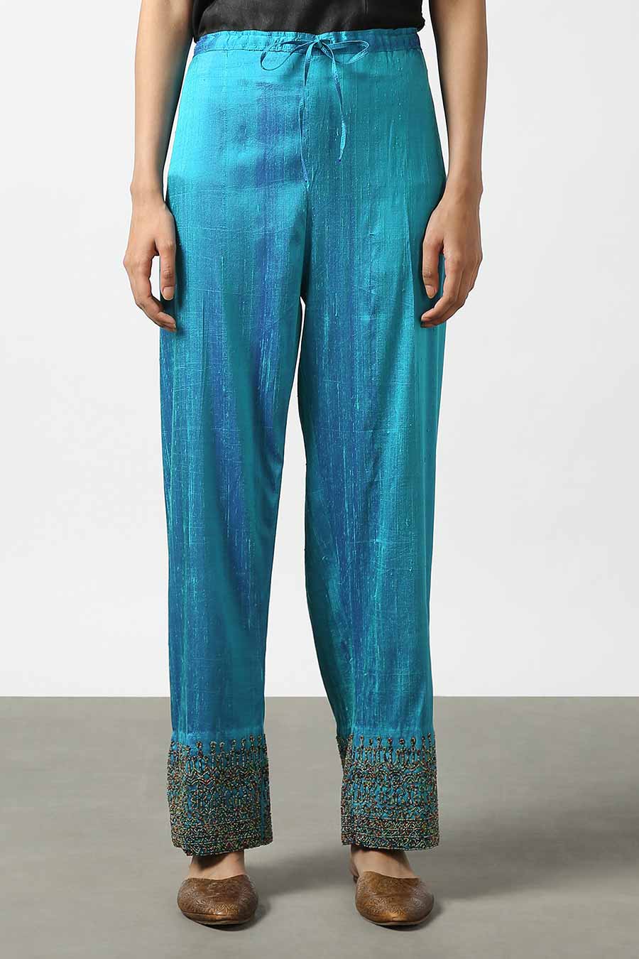 Blue Silk Embroidered Pants