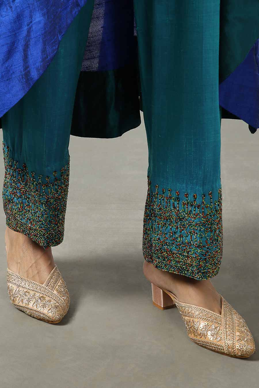 Blue Silk Embroidered Pants