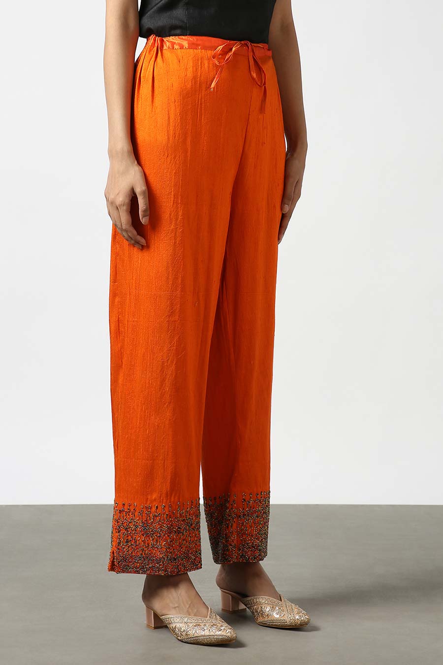 Orange Silk Embroidered Pants