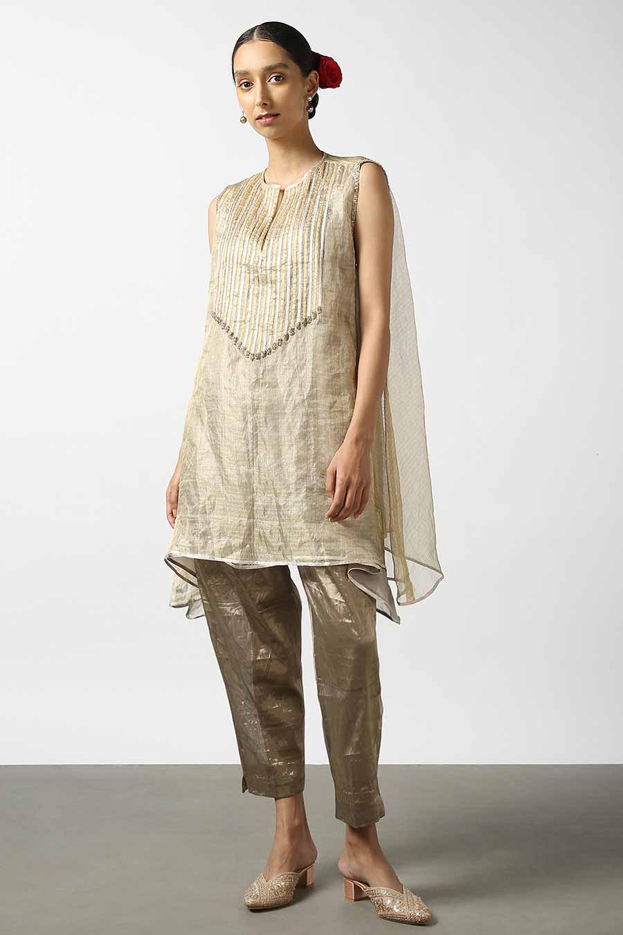 Beige Silk Tissue Kurta & Pant Set