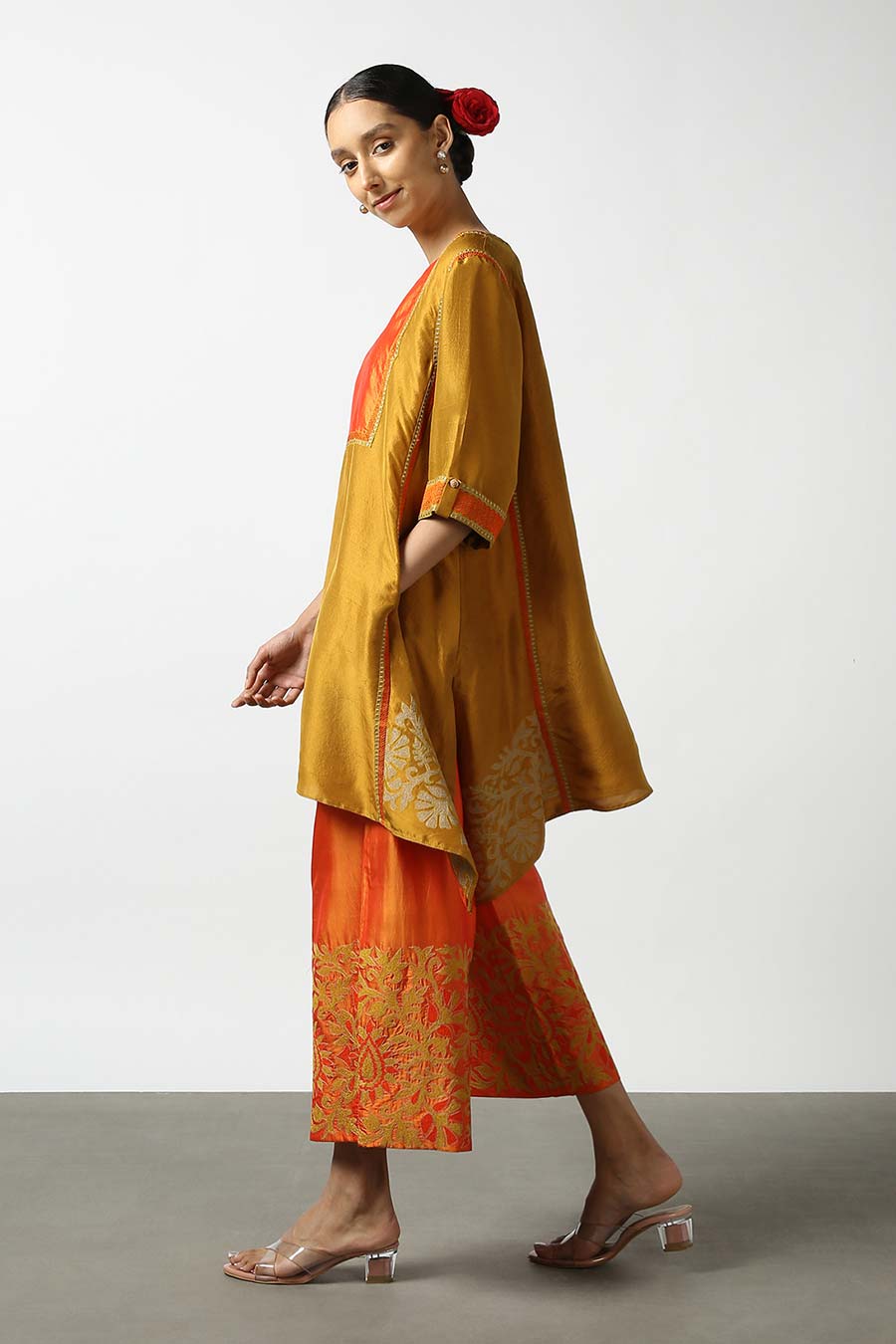 Mustard Applique Silk Kurta