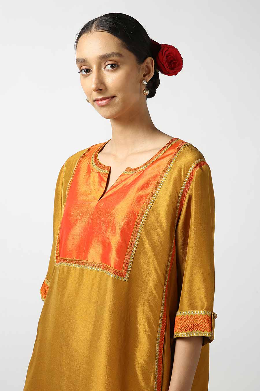 Mustard Applique Silk Kurta