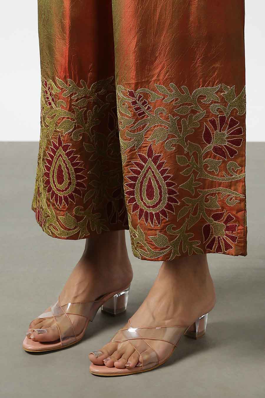 Brown Silk Embroidered Pants
