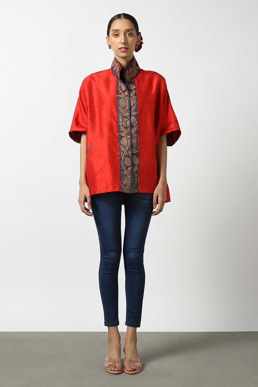 Red Raw Silk Embroidered Top