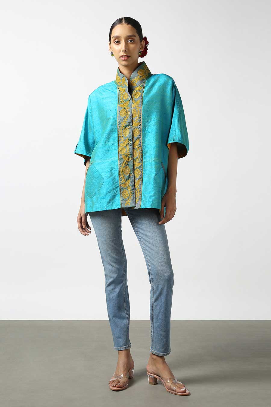 Blue Raw Silk Embroidered Top