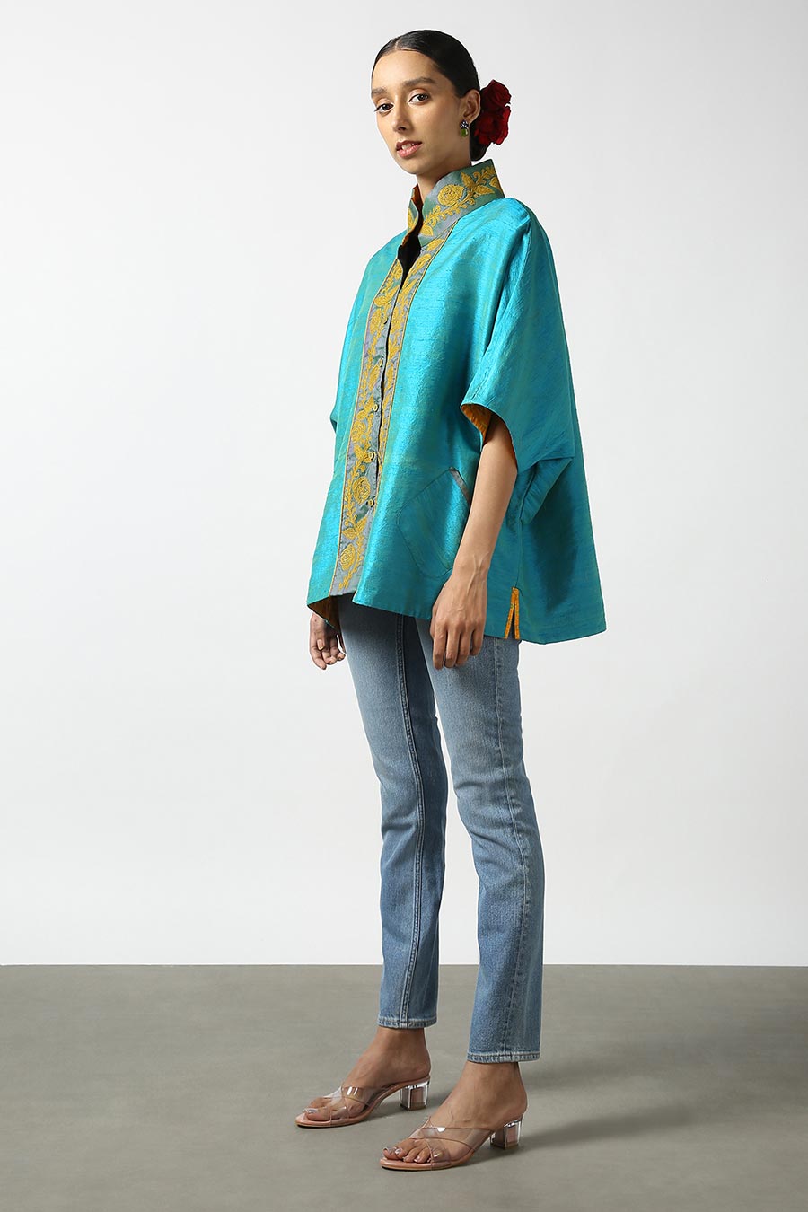 Blue Raw Silk Embroidered Top