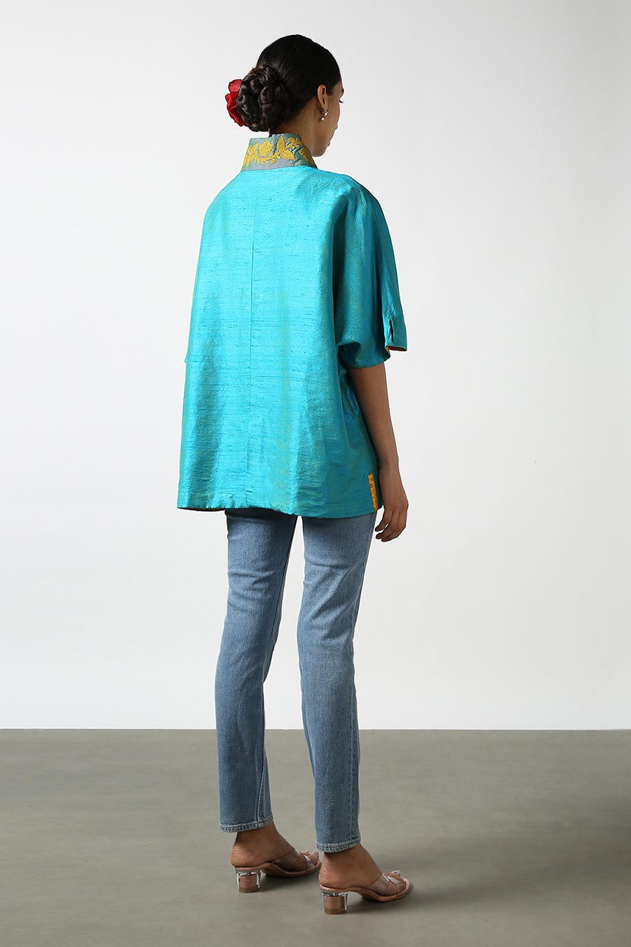 Blue Raw Silk Embroidered Top