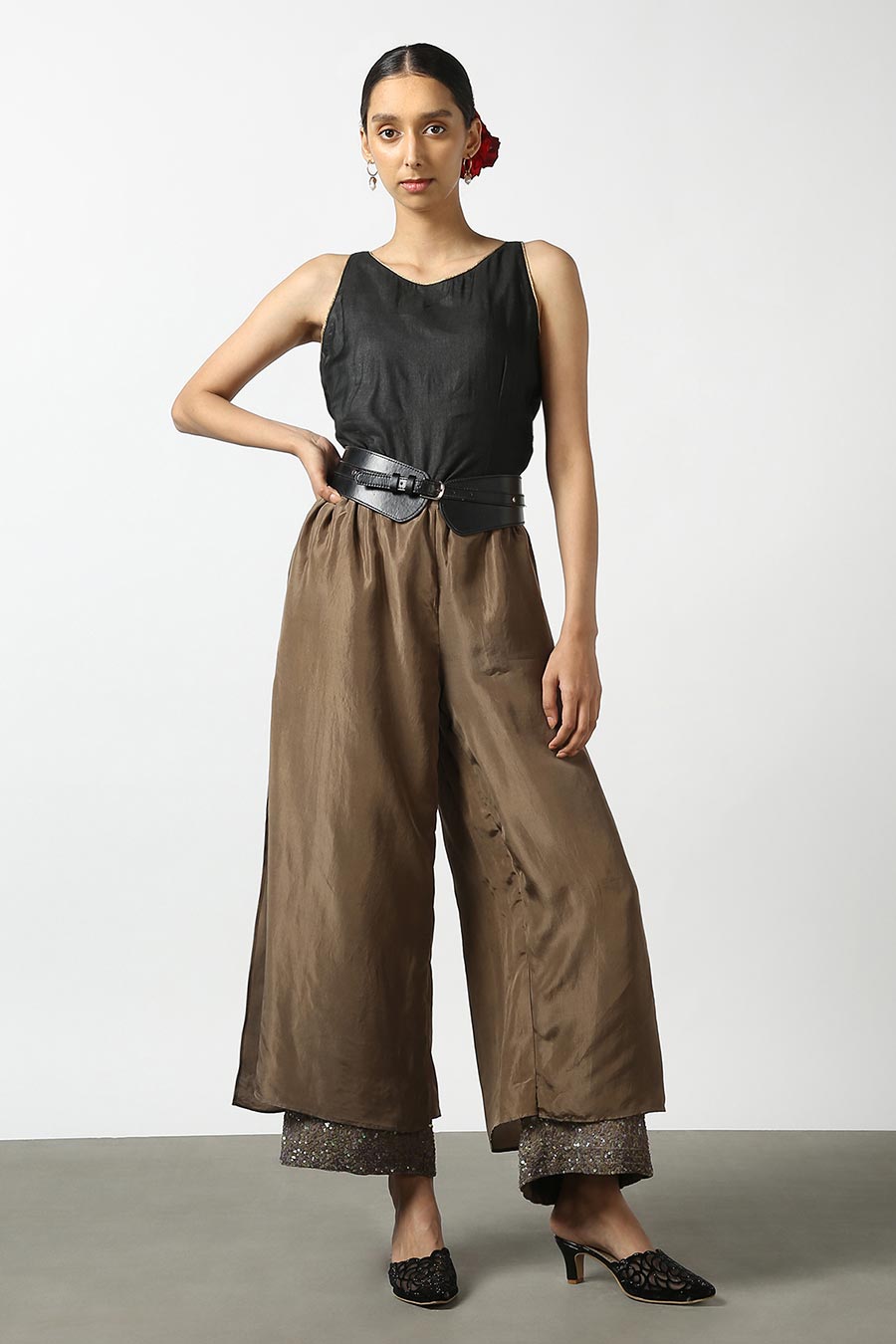 Brown Double Layered Silk Pants