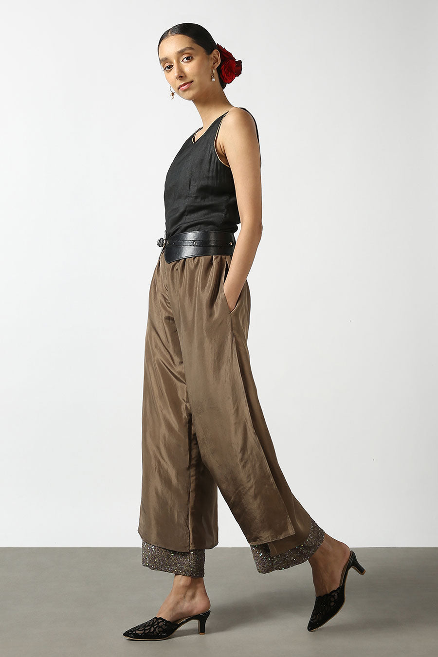 Brown Double Layered Silk Pants