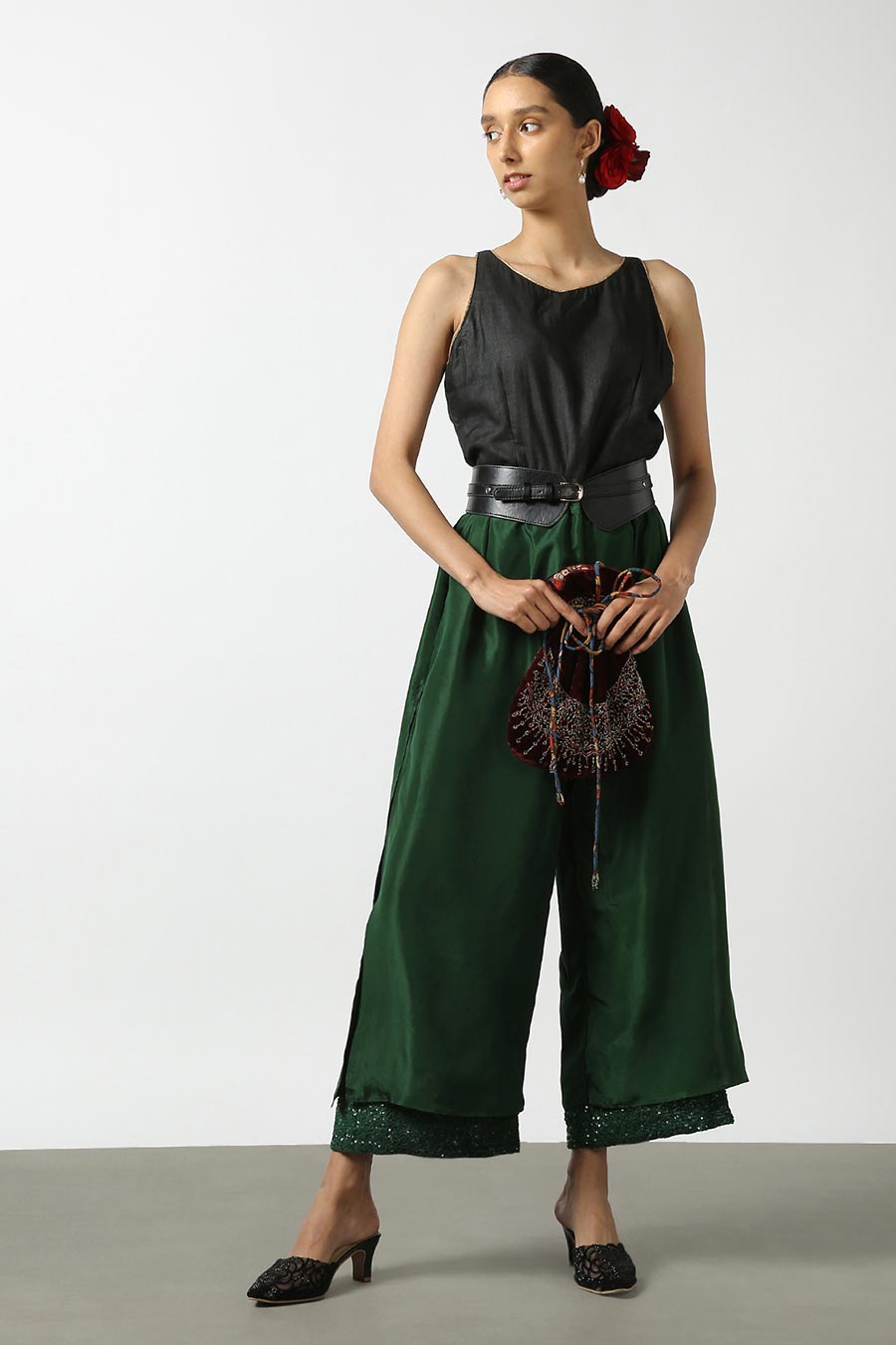 Green Double Layered Silk Pants