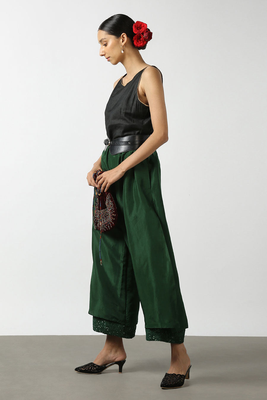 Green Double Layered Silk Pants