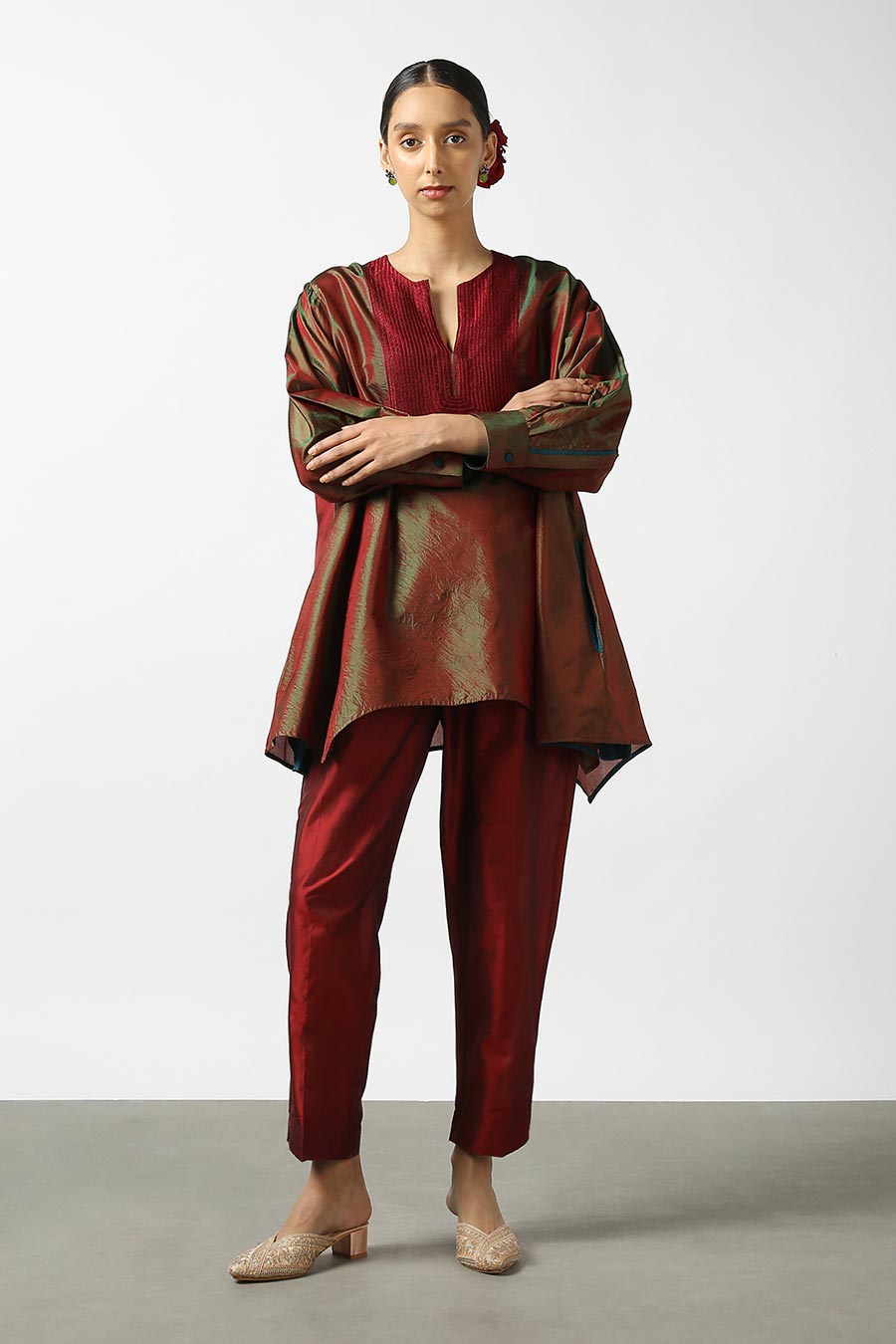 Maroon Embroidered Silk Kurta