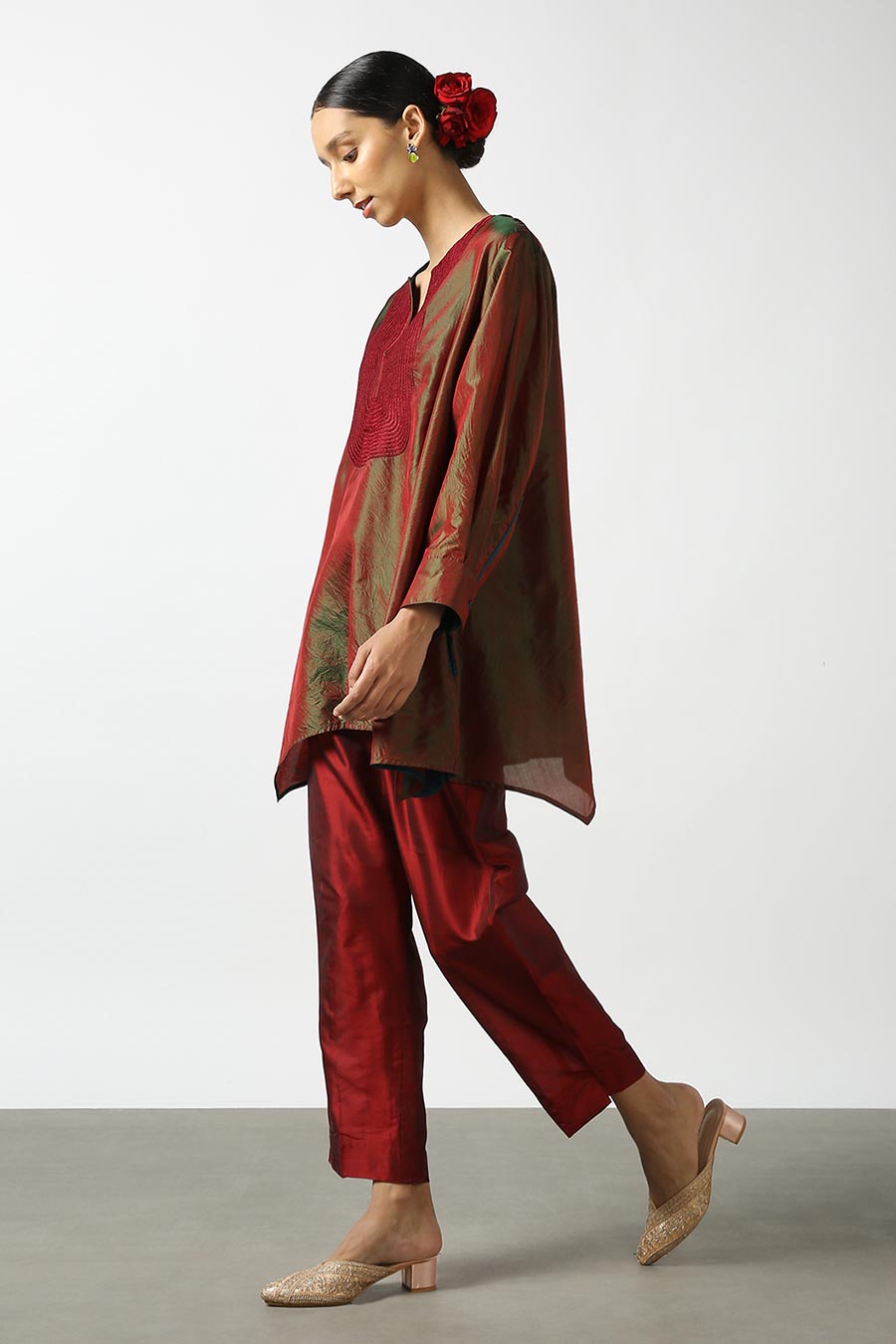 Maroon Embroidered Silk Kurta