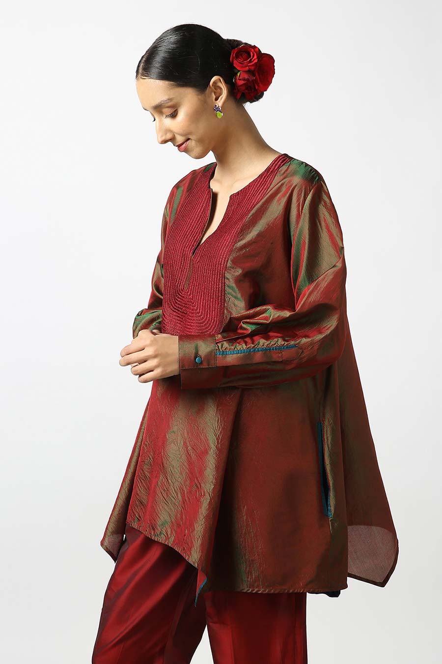 Maroon Embroidered Silk Kurta