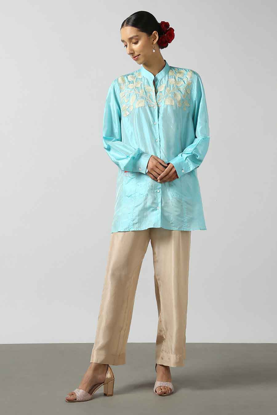 Blue Silk Embroidered Shirt