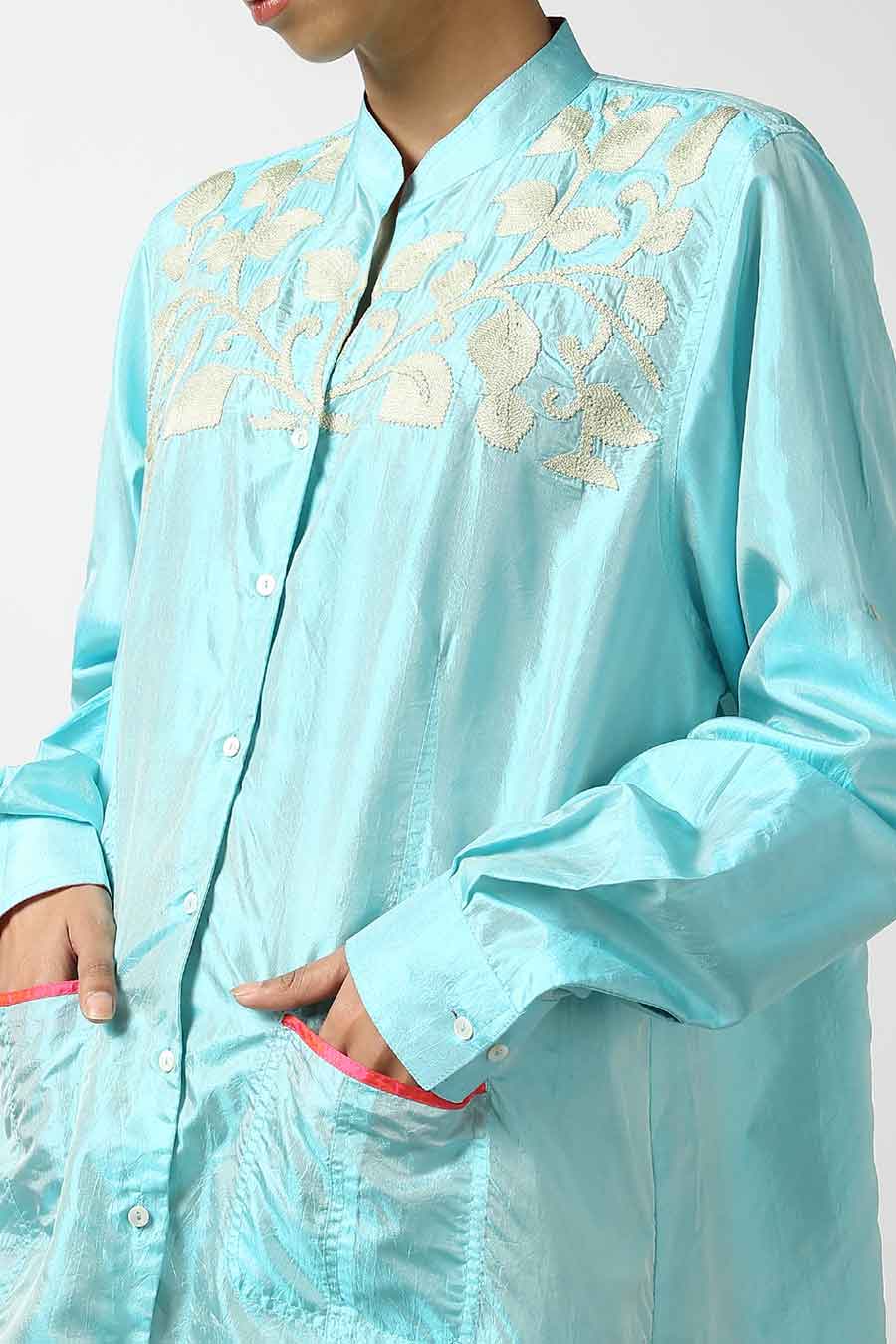 Blue Silk Embroidered Shirt