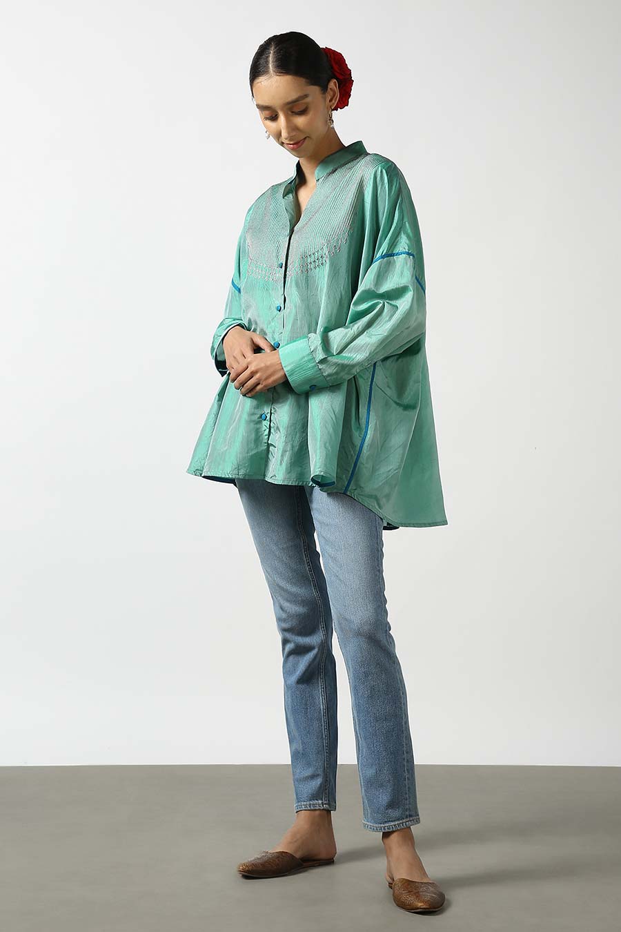 Green Silk Embroidered Top