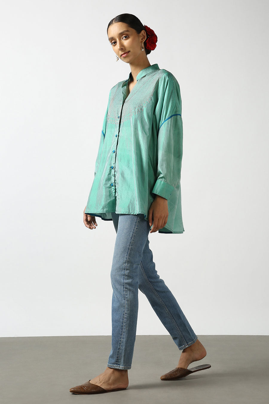 Green Silk Embroidered Top