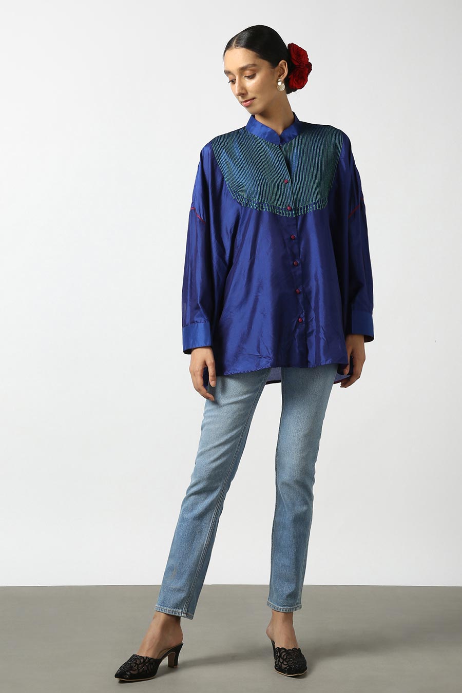 Blue Silk Embroidered Top