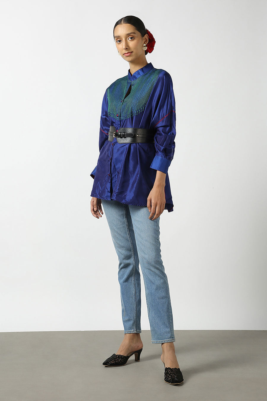 Blue Silk Embroidered Top