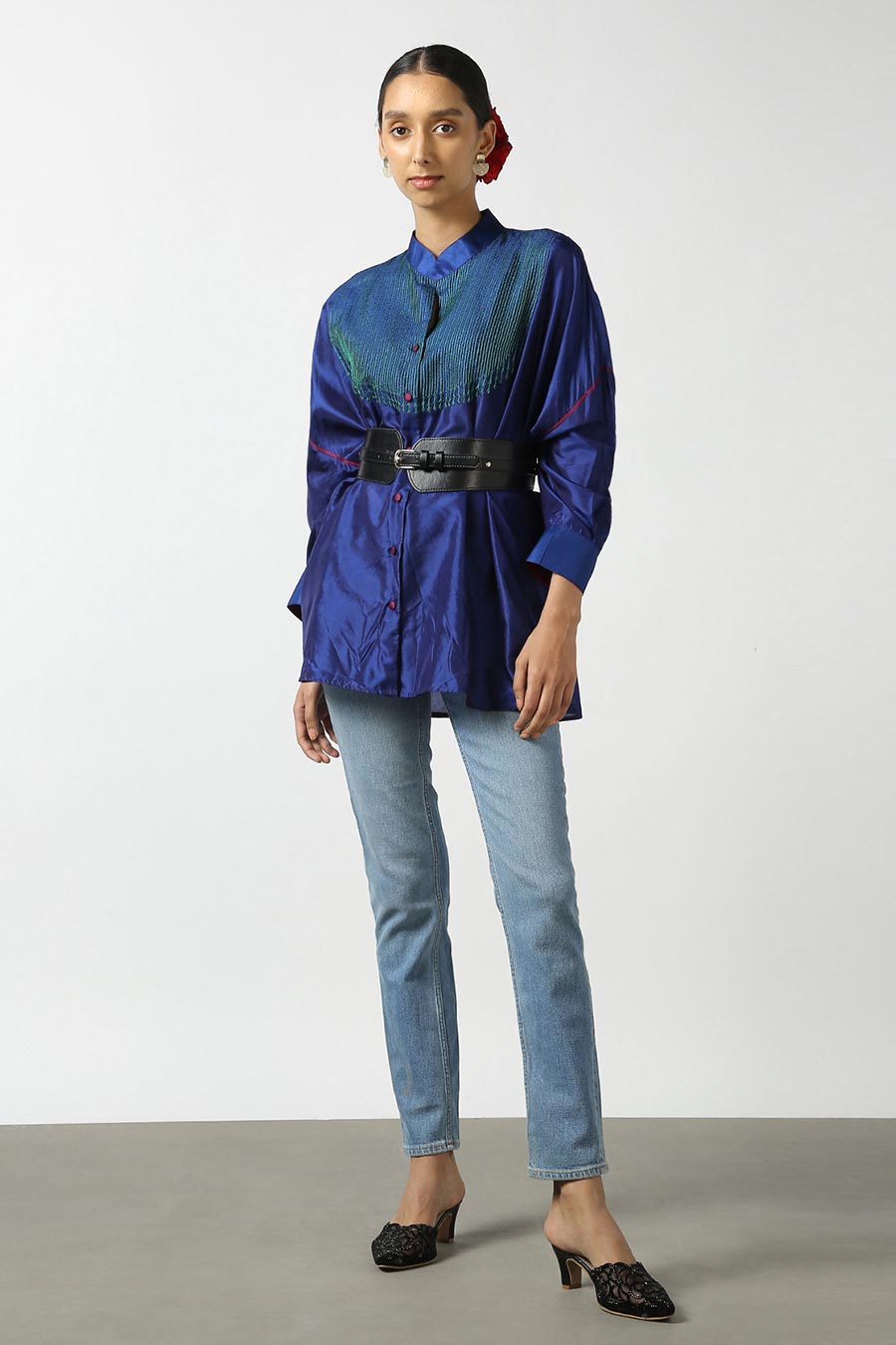 Blue Silk Embroidered Top