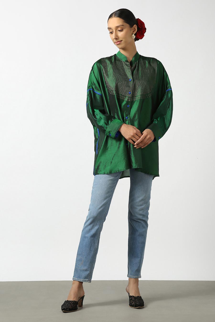 Green Silk Embroidered Top