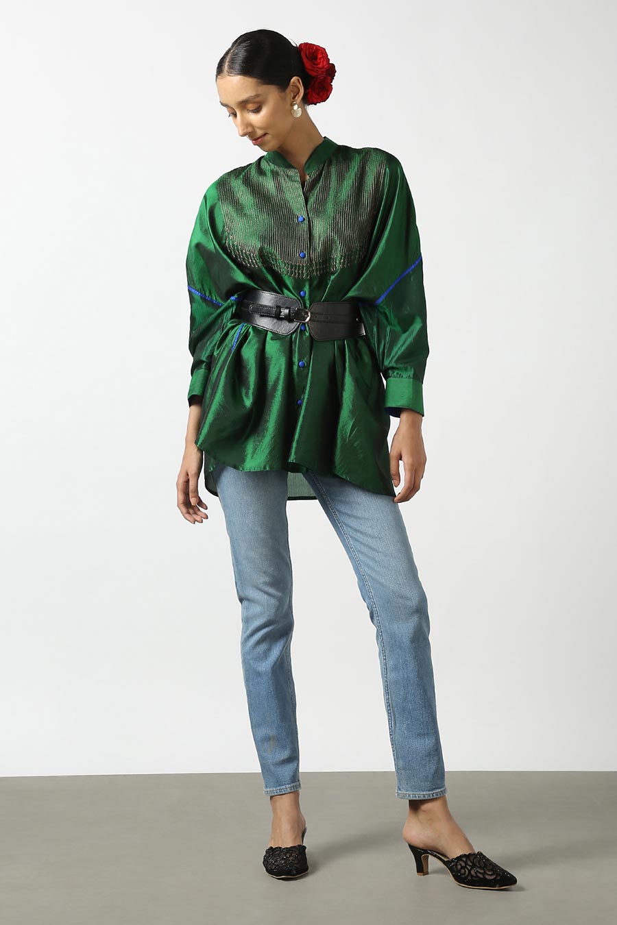 Green Silk Embroidered Top