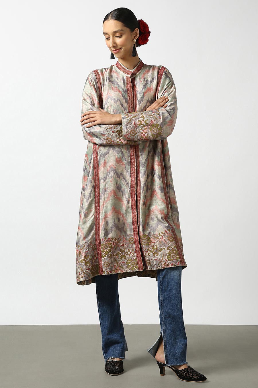 Beige Silk Ikat Long Jacket