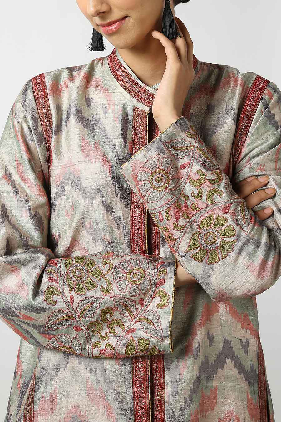 Beige Silk Ikat Long Jacket