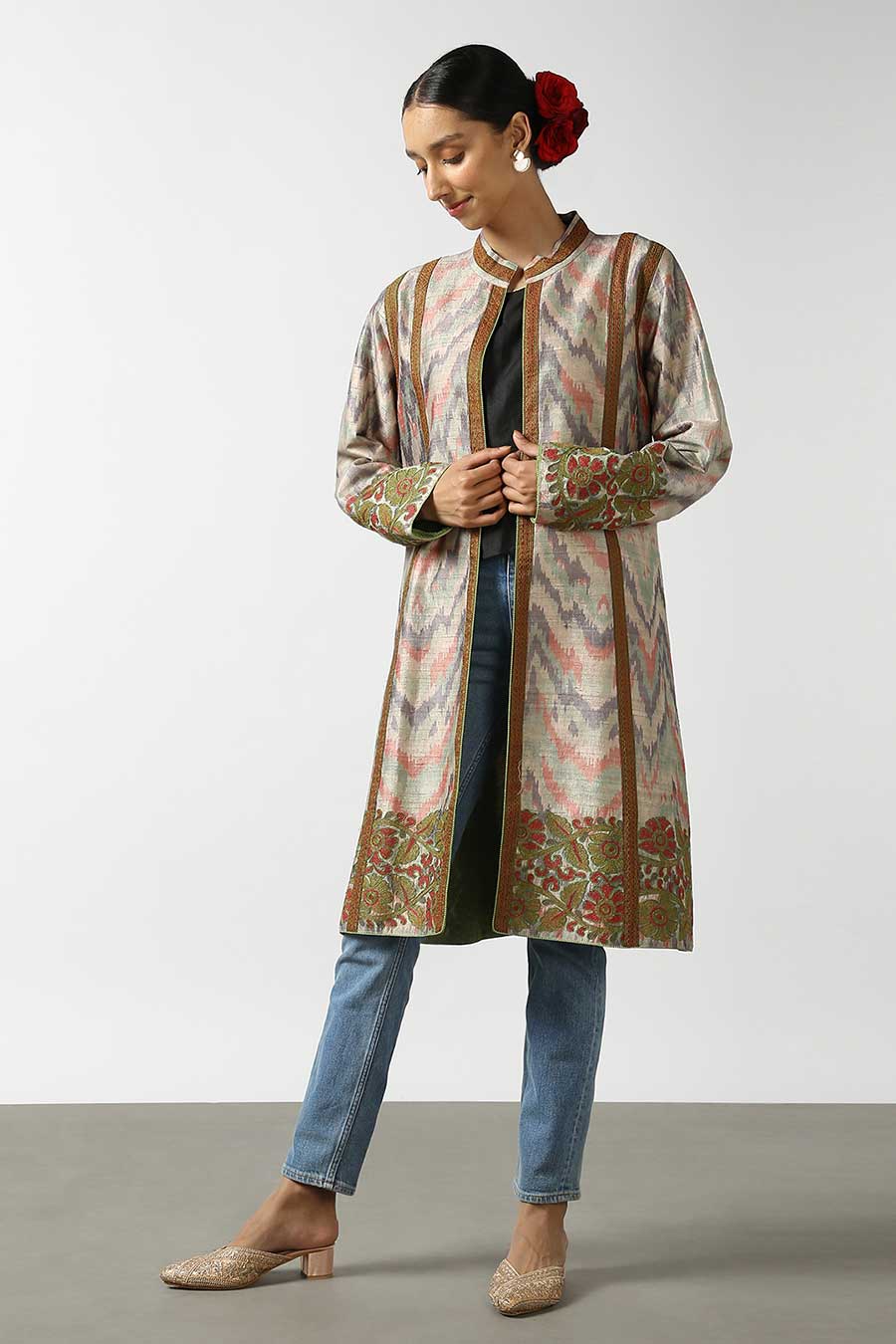 Beige Silk Ikat Long Jacket