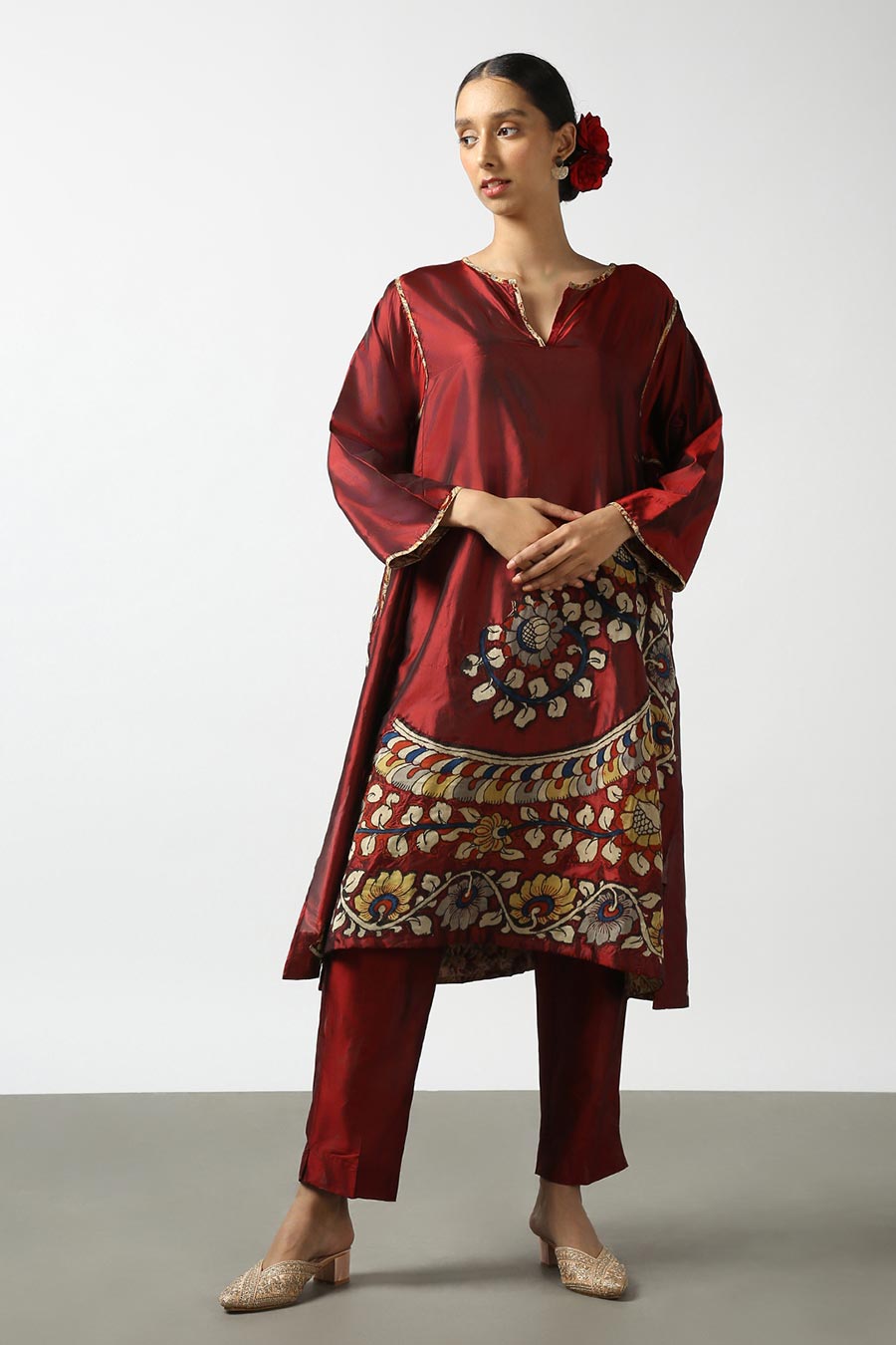 Maroon Silk Kalamkaari Kurta & Pant Set