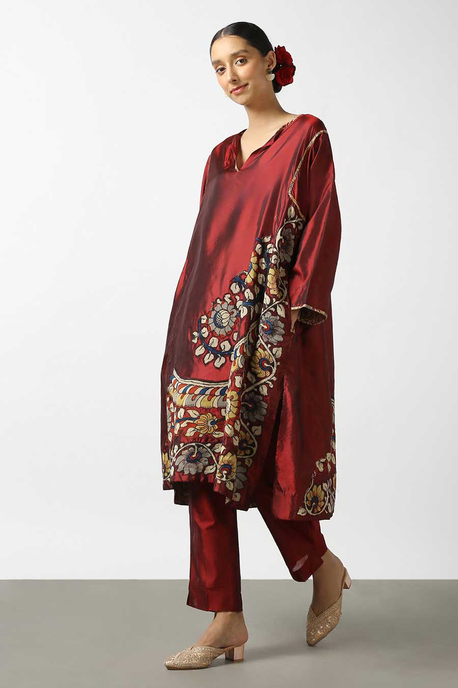 Maroon Silk Kalamkaari Kurta & Pant Set