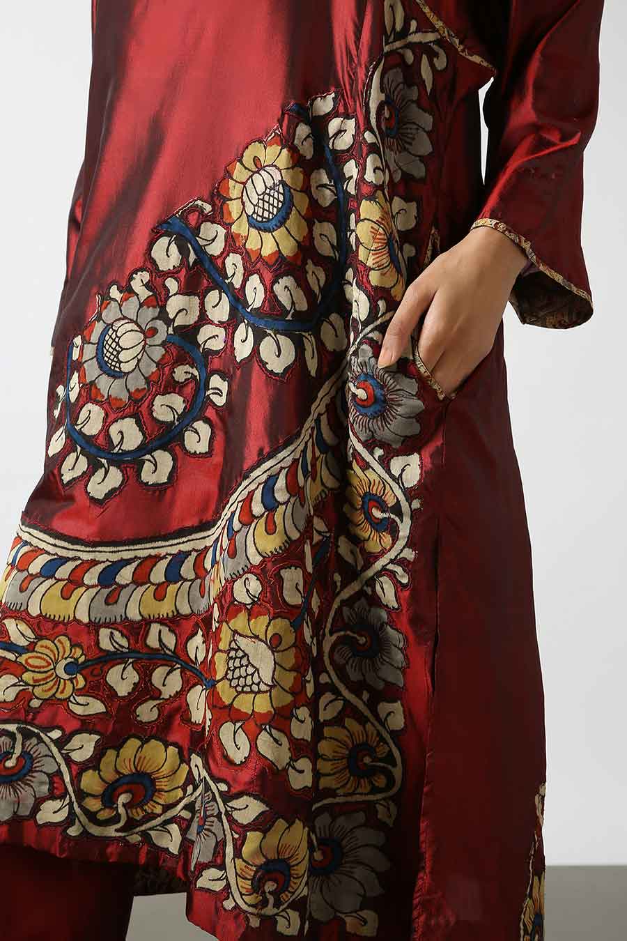 Maroon Silk Kalamkaari Kurta & Pant Set