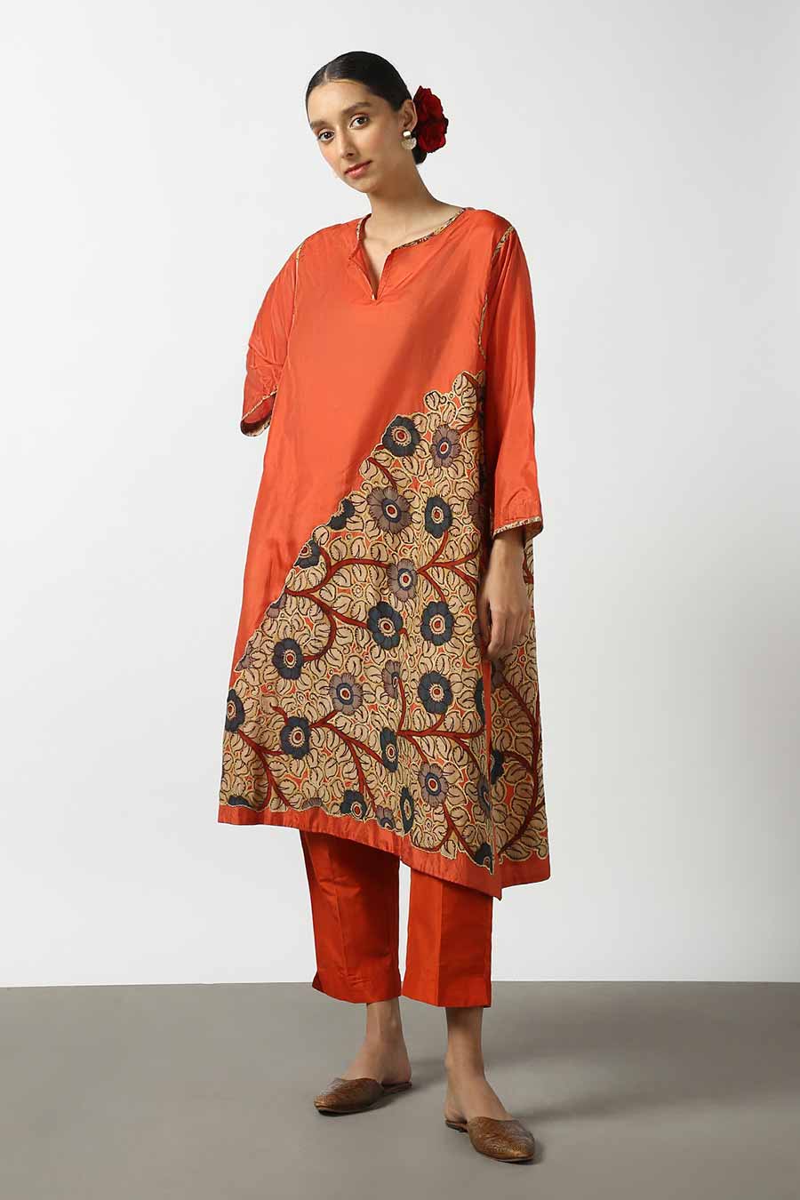 Orange Silk Kalamkaari Kurta & Pant Set