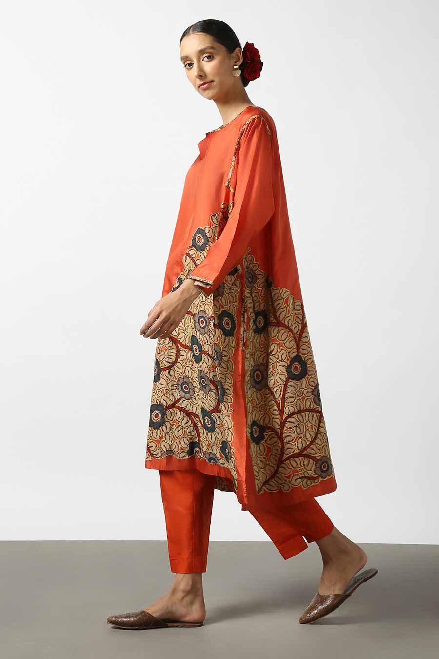 Orange Silk Kalamkaari Kurta & Pant Set