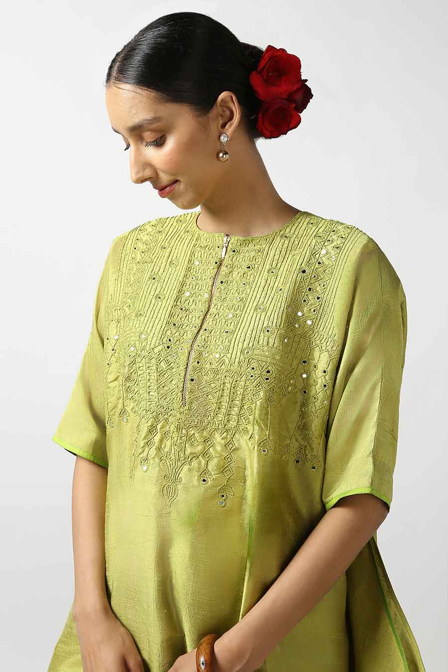 Green Silk Embroidered Kurta & Pant Set