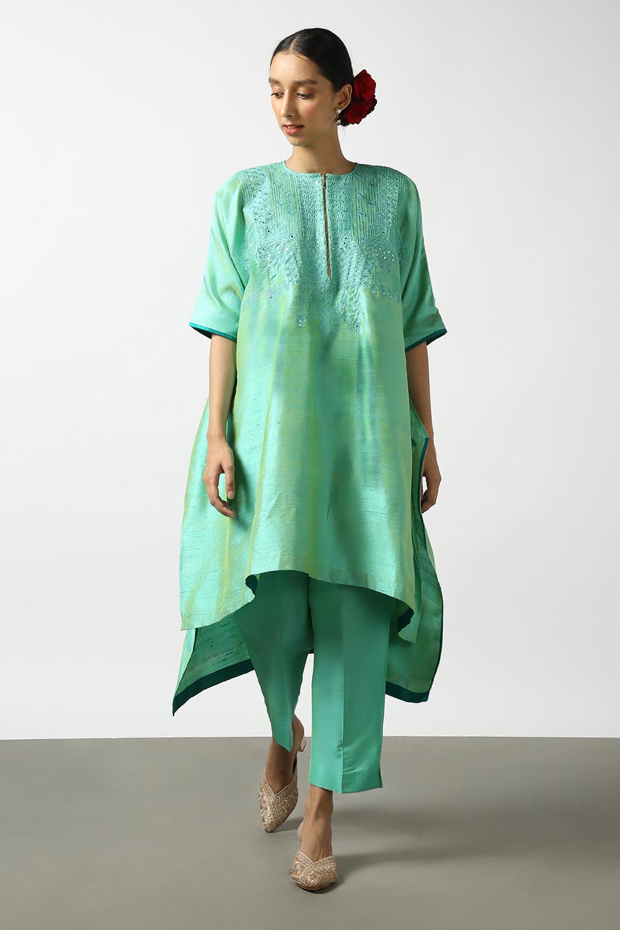 Turquoise Silk Embroidered Kurta & Pant Set