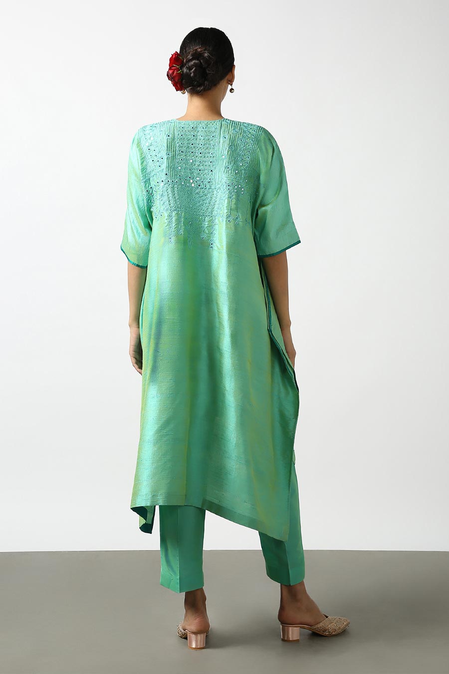Turquoise Silk Embroidered Kurta & Pant Set
