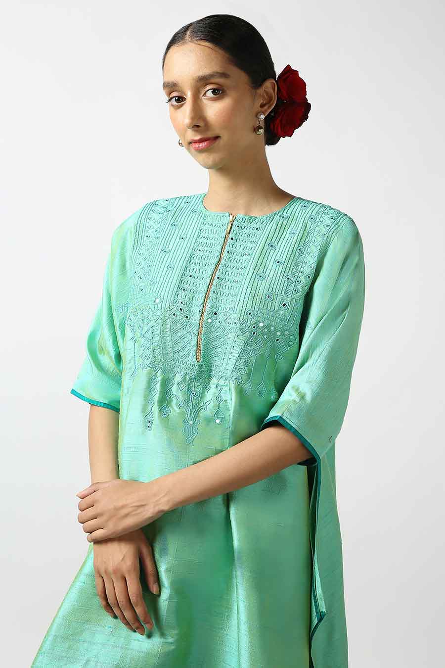 Turquoise Silk Embroidered Kurta & Pant Set