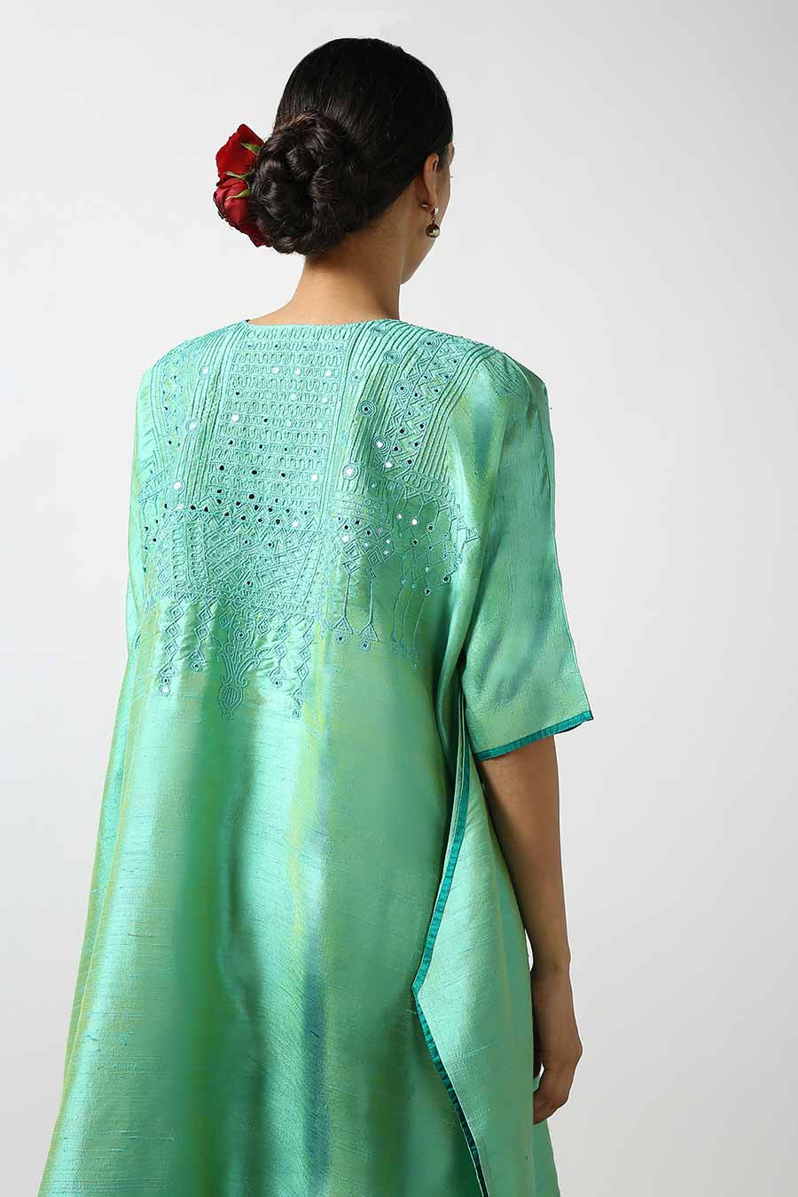 Turquoise Silk Embroidered Kurta & Pant Set