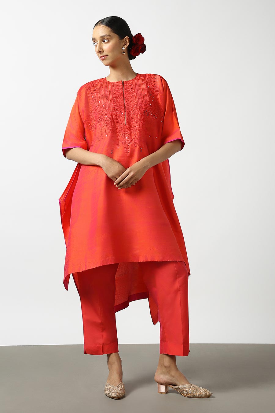 Red Silk Embroidered Kurta & Pant Set