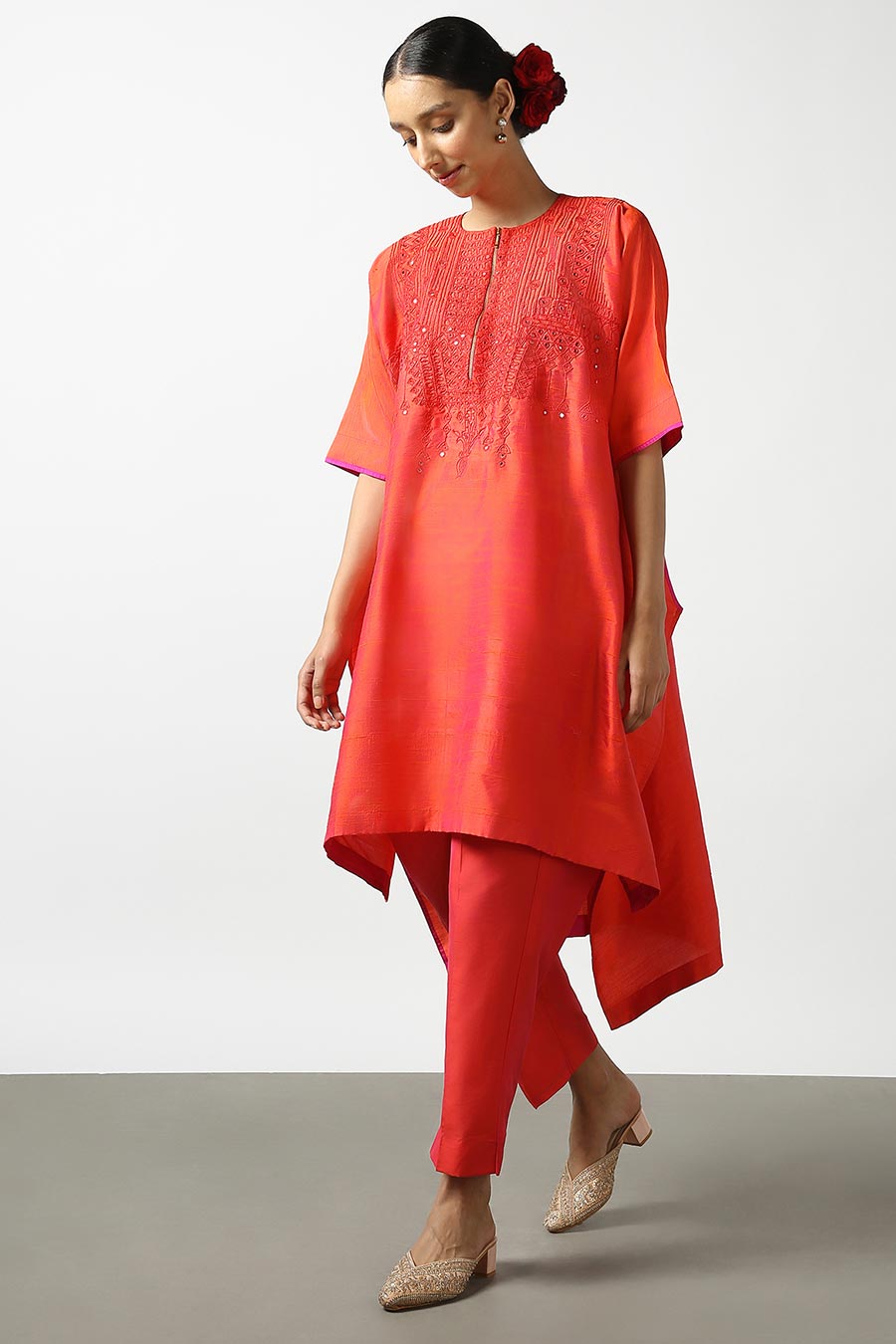 Red Silk Embroidered Kurta & Pant Set