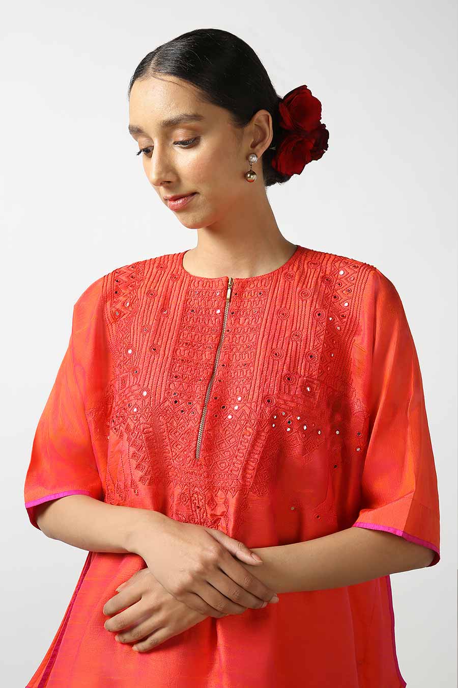 Red Silk Embroidered Kurta & Pant Set