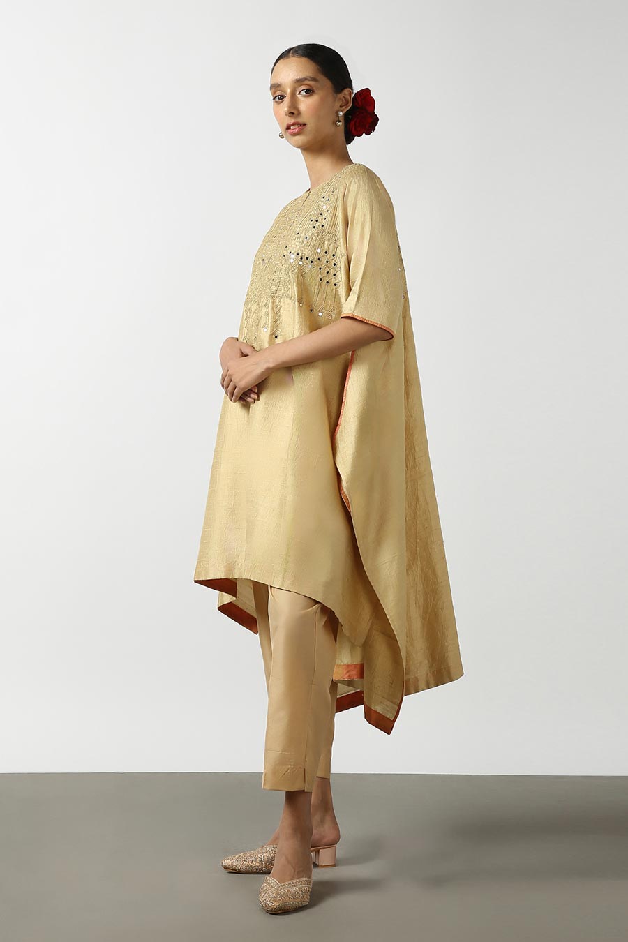 Gold Silk Embroidered Kurta & Pant Set