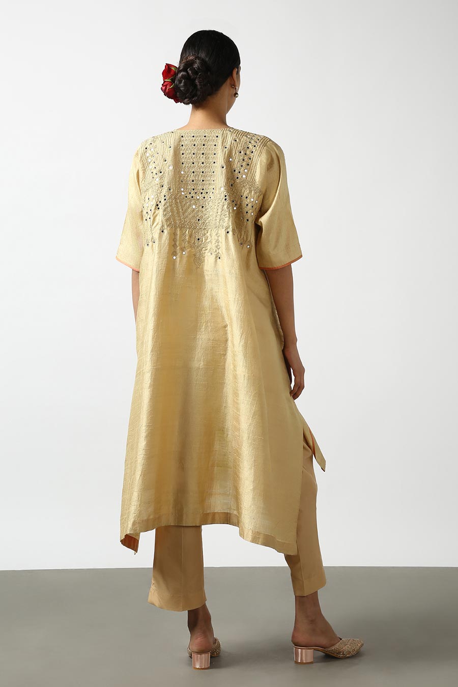 Gold Silk Embroidered Kurta & Pant Set