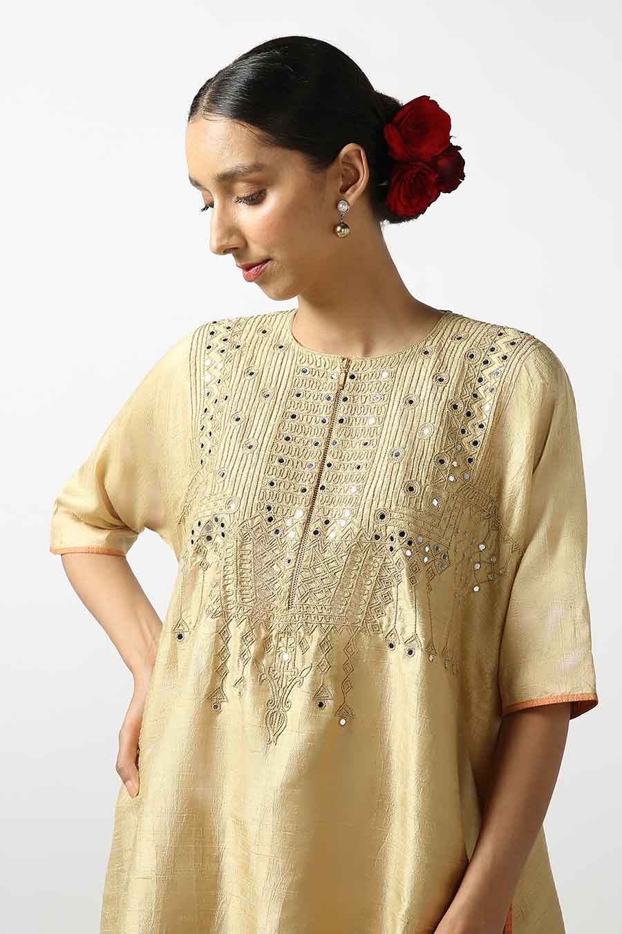 Gold Silk Embroidered Kurta & Pant Set