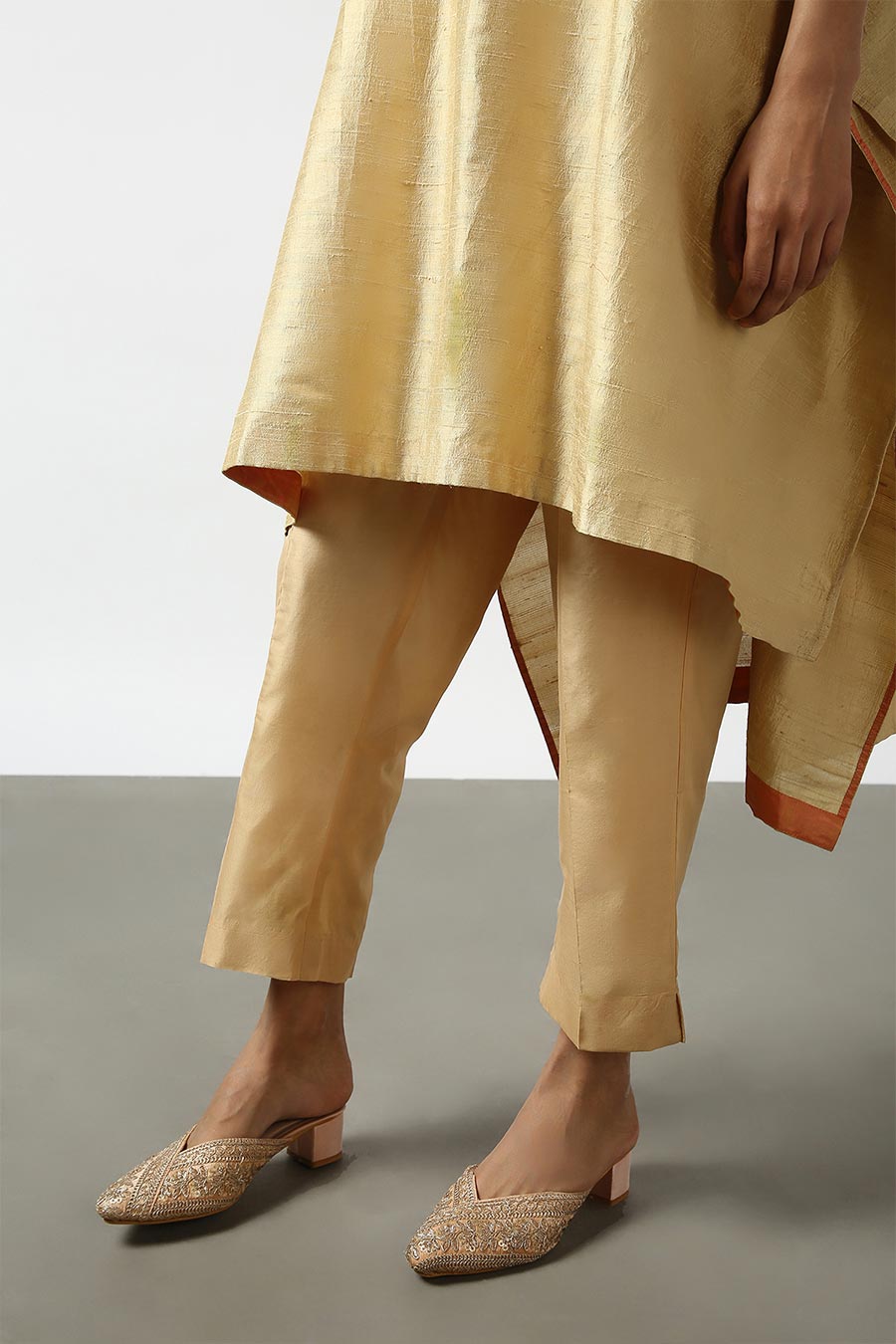 Gold Silk Embroidered Kurta & Pant Set