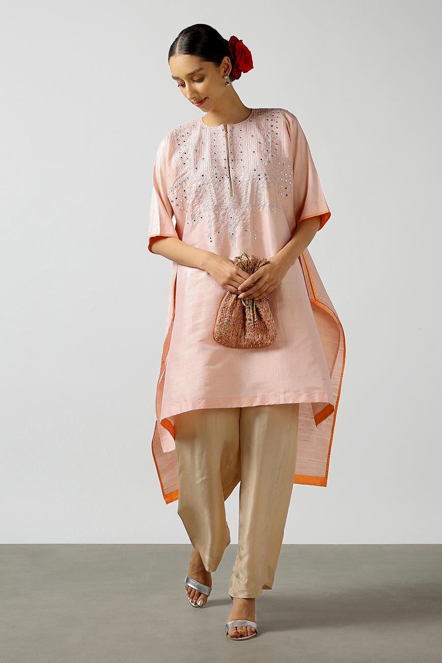 Peach Silk Embroidered Kurta & Pant Set