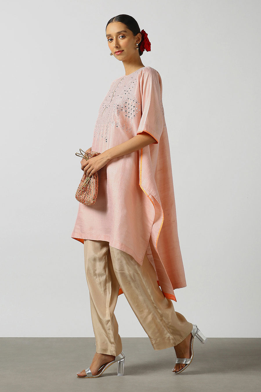 Peach Silk Embroidered Kurta & Pant Set