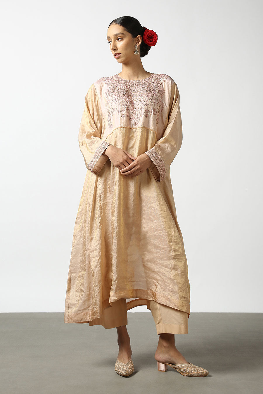 Beige Banarasi Silk Embroidered Kurta & Pant Set